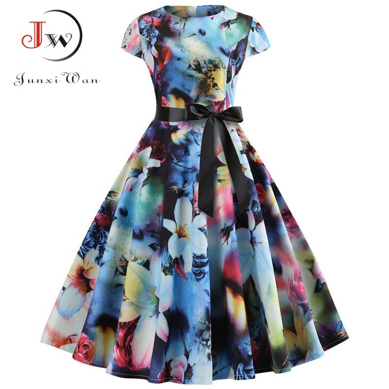 fitted lace wedding dress Women Vintage Dress Summer Floral Print Short Sleeve Dresses 50s 60s O –  Mega Mart Center