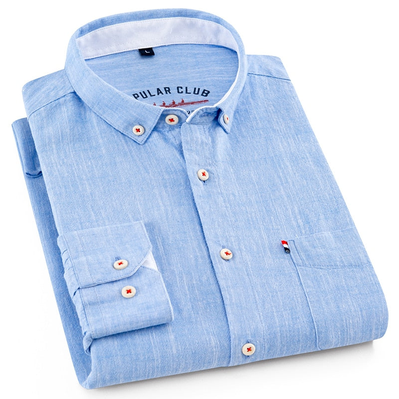 Men's Regular-Fit Shirt Cotton Line Long Sleeve Loose Business Dress Pure Color Button Shirt Men Blue White Tops Camisa Hombre L
