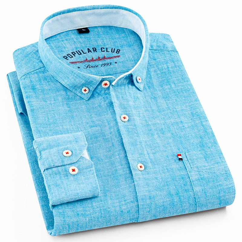 Men's Regular-Fit Shirt Cotton Line Long Sleeve Loose Business Dress Pure Color Button Shirt Men Blue White Tops Camisa Hombre L