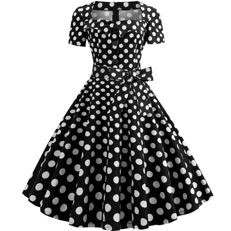 Sexy Women Square Collar Elegant Vintage Summer Dress Short Sleeve Rockabilly Pin Up Midi Dress Robe Femme Casual Office Party Dress