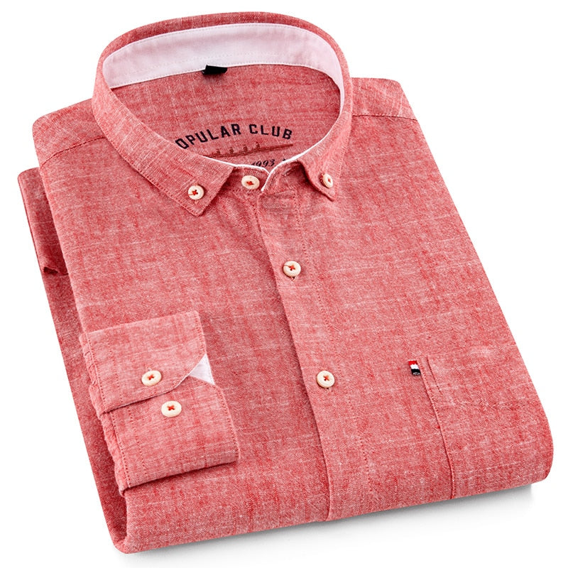 Men's Regular-Fit Shirt Cotton Line Long Sleeve Loose Business Dress Pure Color Button Shirt Men Blue White Tops Camisa Hombre L