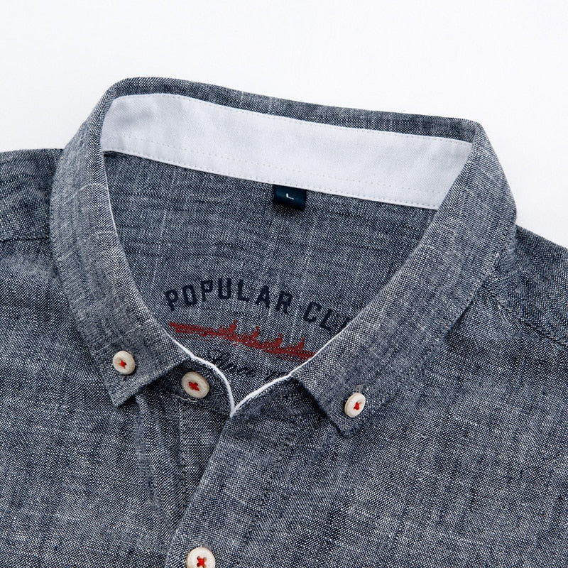 Men's Regular-Fit Shirt Cotton Line Long Sleeve Loose Business Dress Pure Color Button Shirt Men Blue White Tops Camisa Hombre L