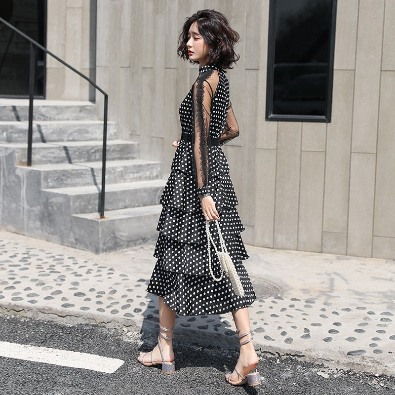 latest chiffon dress Fashion new chiffon dress transparent long-sleeved polka dot dress lad Mega Mart Center