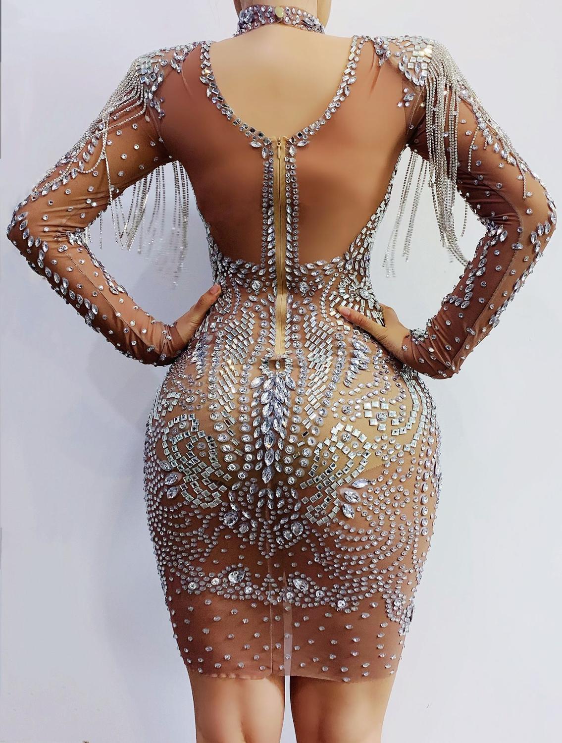 Sparkly Silver Rhinestones Fringe Transparent Dress Women's Birthday Celebrate Mesh Outfit Bar Women Dancer Dress