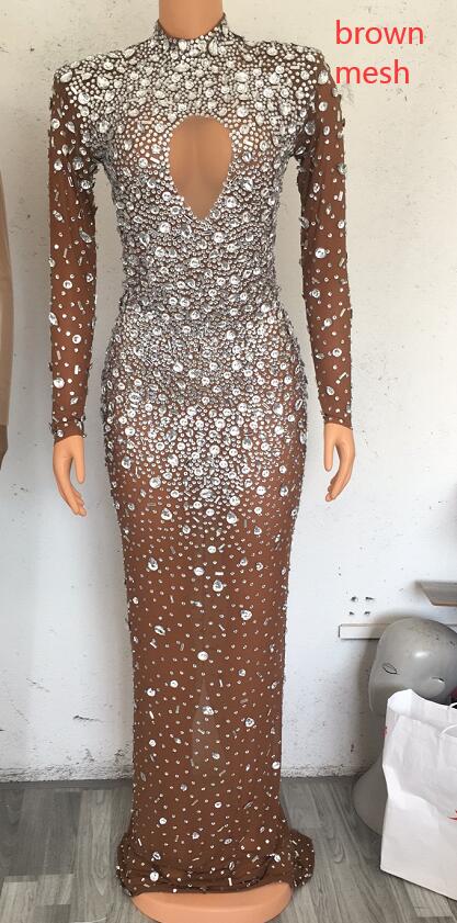 Flashing Silver Crystals Stones Sexy Transparent Long Dress Evening Birthday Celebrate Mesh Stretch Dance Long Sleeves Dress