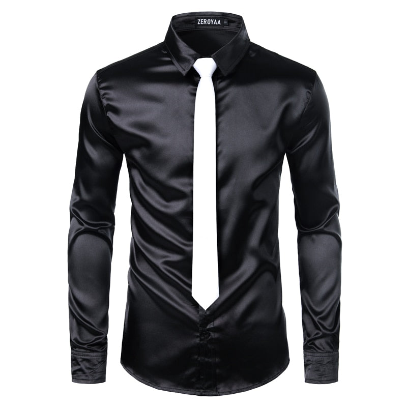2pcs Silver Silk Shirt+Tie Mens Satin Smooth Tuxedo Shirts
