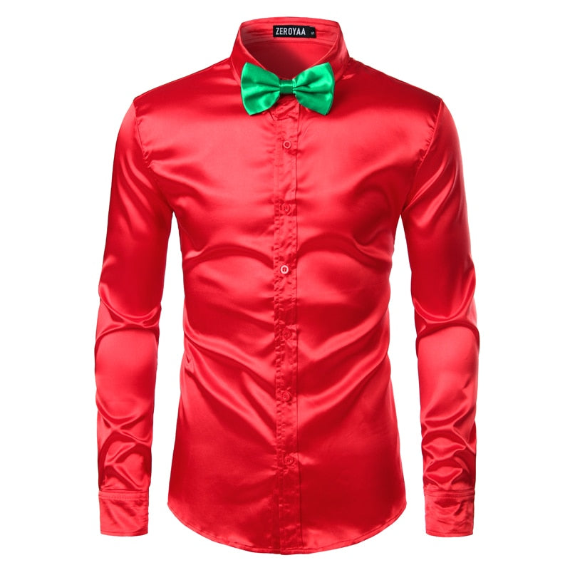 2pcs Silver Silk Shirt+Tie Mens Satin Smooth Tuxedo Shirts