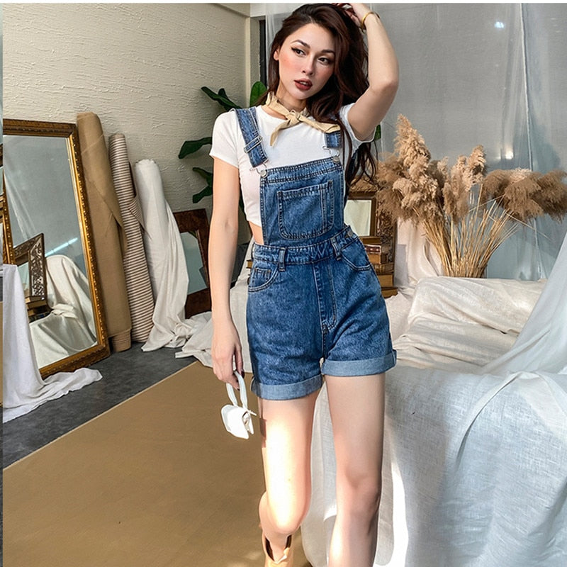 Summer Denim Bib Overalls Shorts Women Casual Adjustable Strap Cuffed
