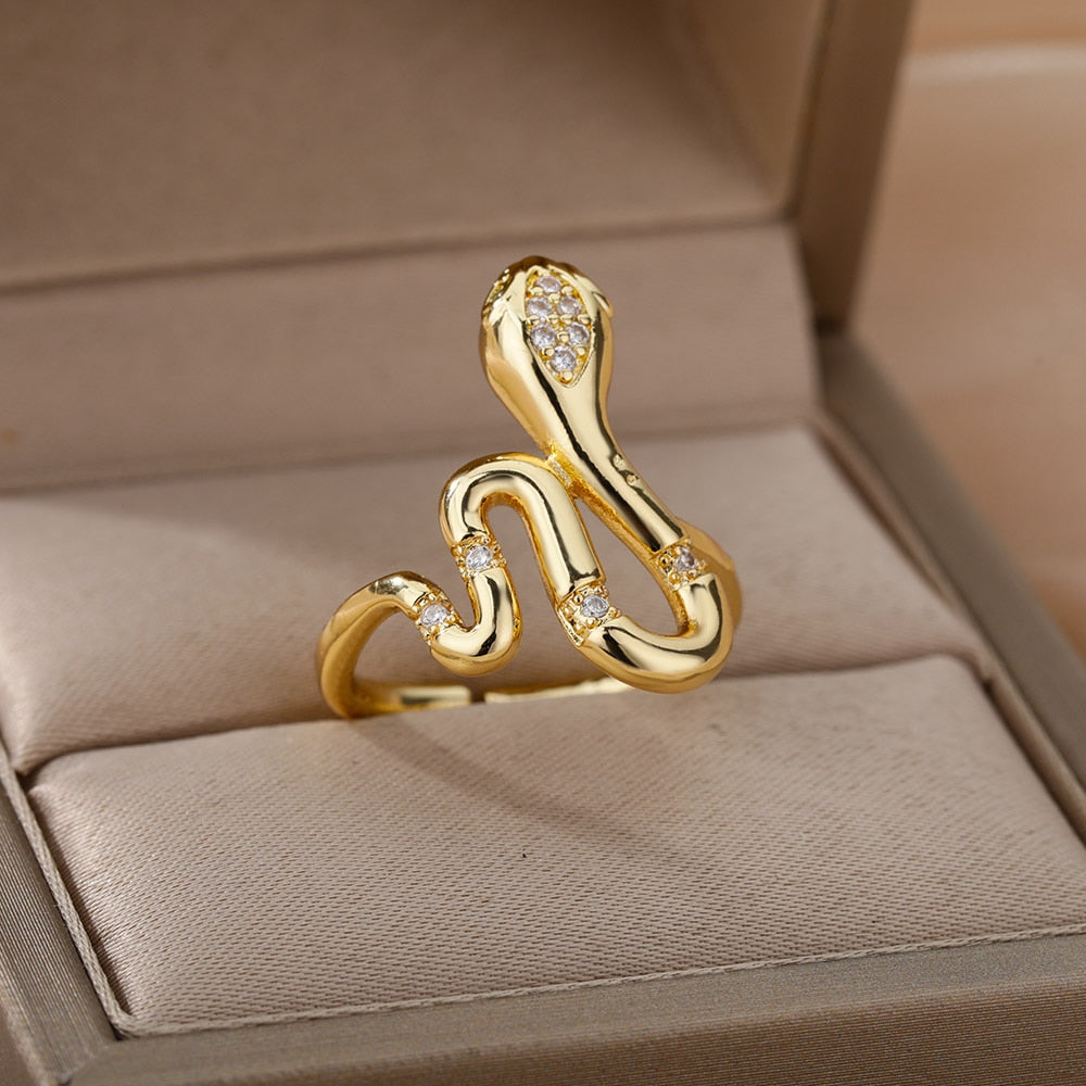 Snake Rings For Women Men Punk Hip Hop Open Adjustable Gold Plated Ring Stainless Steel Zircon Aesthetic Jewelry anillos Homme