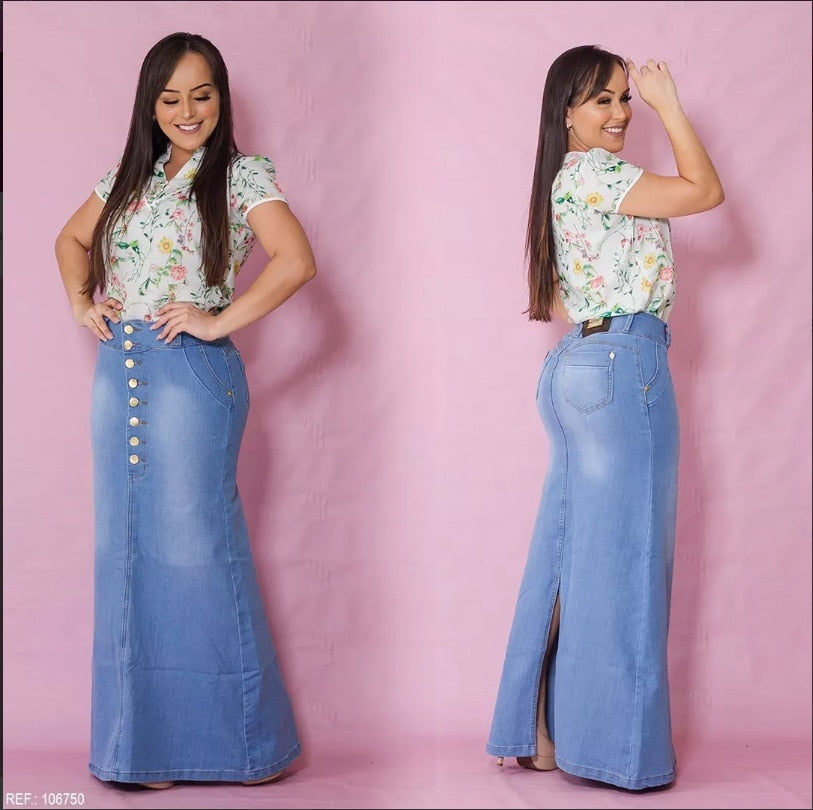 Denim Skirts Women Casual Front Button A-Line Long Jean Vintage Long Skirt Summer Flare Denim Skirts