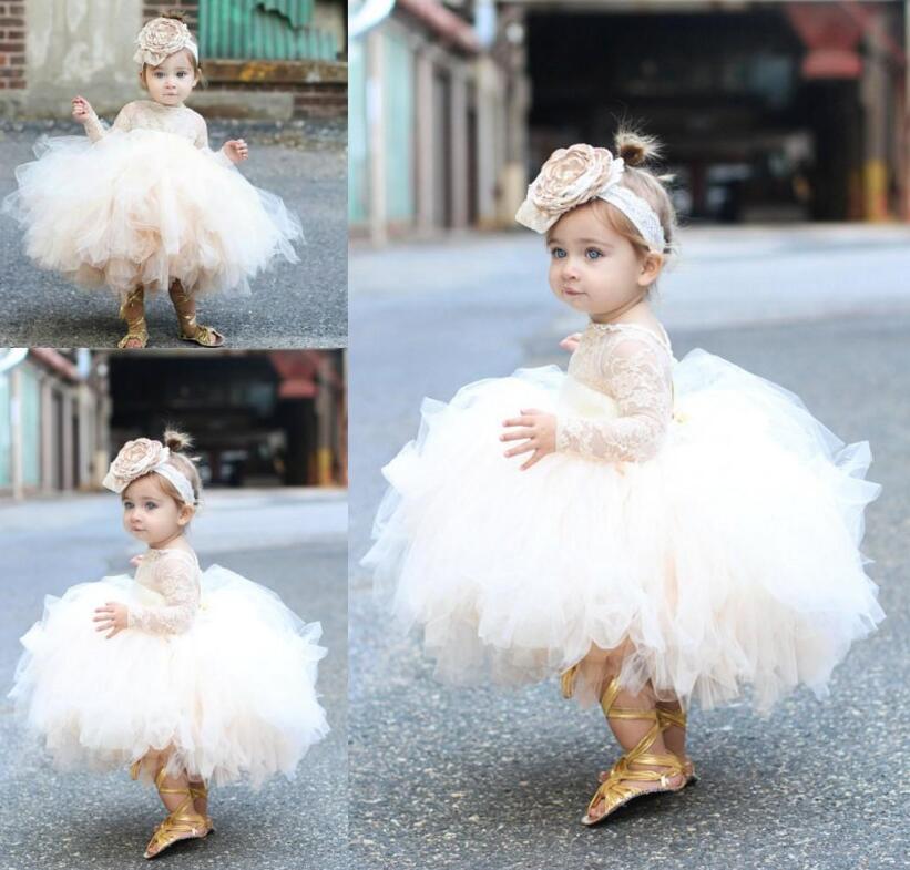 Champagne Tulle Newborn Baby Girls Baptism Dress 1st Birthday Newborn