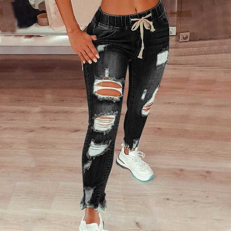 Drawstring Denim Jeans For Women Ripped Hole Stretch Jean Ladies Full Length Pencil Pants
