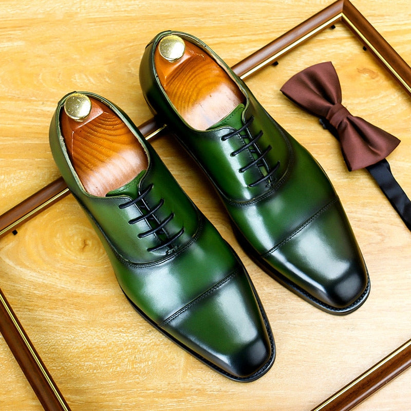Green Men Dress Shoes Brand Italian Luxury Genuine Leather Lace Up Bro