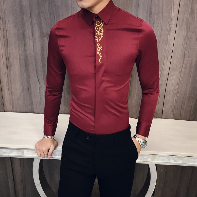 2022 Spring Men's Vintage Embroidered Shirt Long Sleeve Slim Social Club