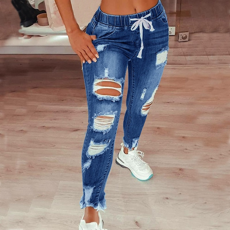 Drawstring Denim Jeans For Women Ripped Hole Stretch Jean Ladies Full Length Pencil Pants