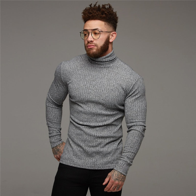 Autumn Winter Fashion Turtleneck Mens Thin Sweaters Casual Roll Neck