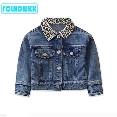 New Fashion Girls Spring Autumn Denim Jacket Leopard Print Coat Baby Girls Cartoon Jean Jackets Kids Coats Children Clothing 2-6