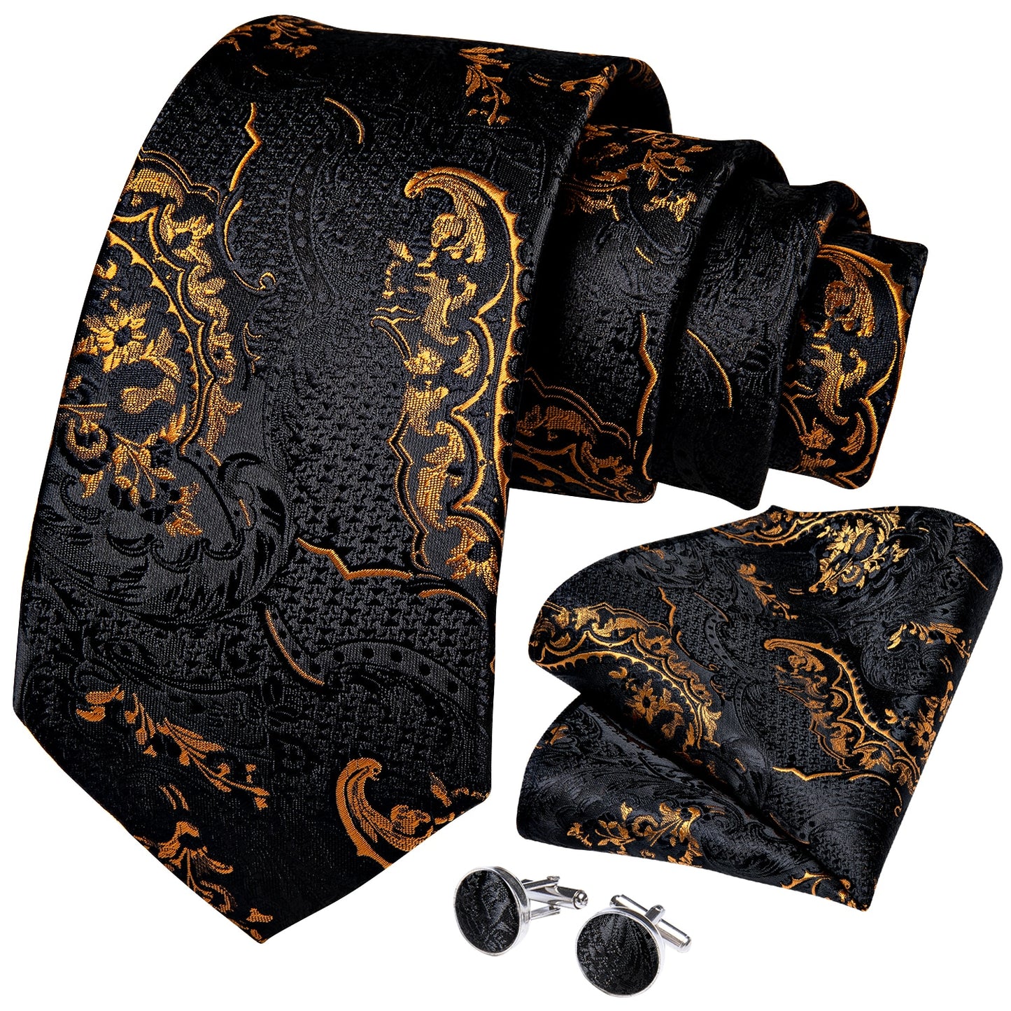 Men Tie Black Gold Paisley Quality Wedding Tie For Men Hanky Cufflink Silk Tie Set DiBanGu Novelty Design Business Party MJ-7313
