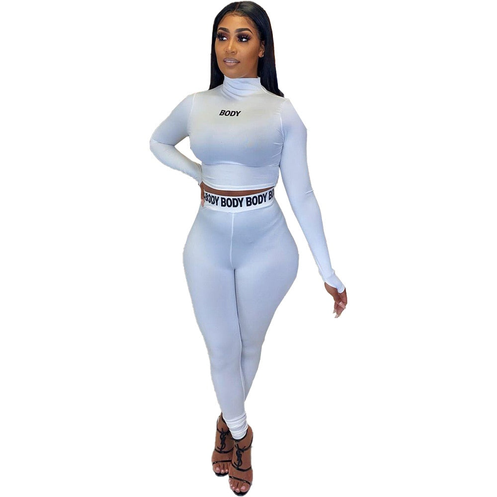 Sexy Women Sport Two Piece Set Casual Letter print Long Sleeve Crop Tops Tee Bikers Pants