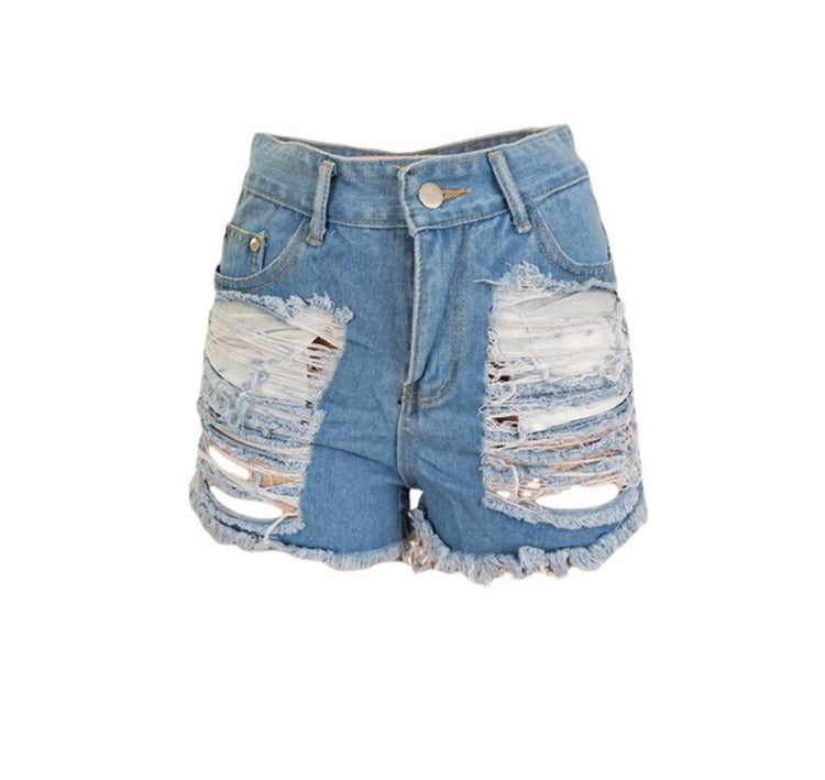 2021 Sexy New Light Blue Ripped Cut Out Denim Shorts