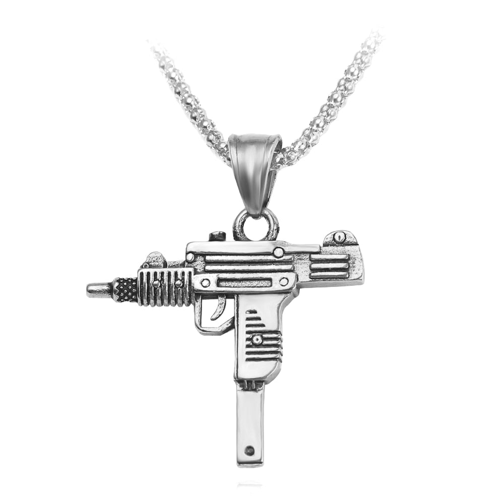 Cool Gothic Hip Hop UZI Kolye GUN Shape Pendant Necklace Gold Black Silver Color Army Style Male Chain Men Necklaces Jewelry