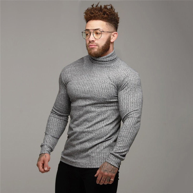 Autumn Winter Fashion Turtleneck Mens Thin Sweaters Casual Roll Neck