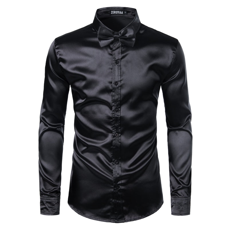 2pcs Silver Silk Shirt+Tie Mens Satin Smooth Tuxedo Shirts