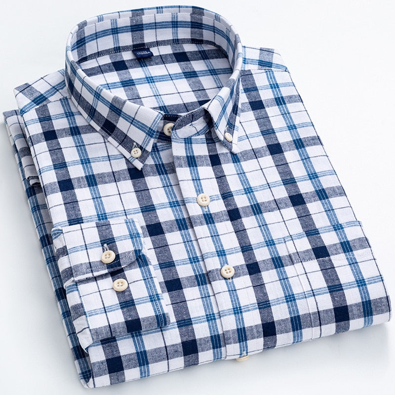 Men's Regular-Fit Shirt Cotton Line Long Sleeve Loose Business Dress Pure Color Button Shirt Men Blue White Tops Camisa Hombre L