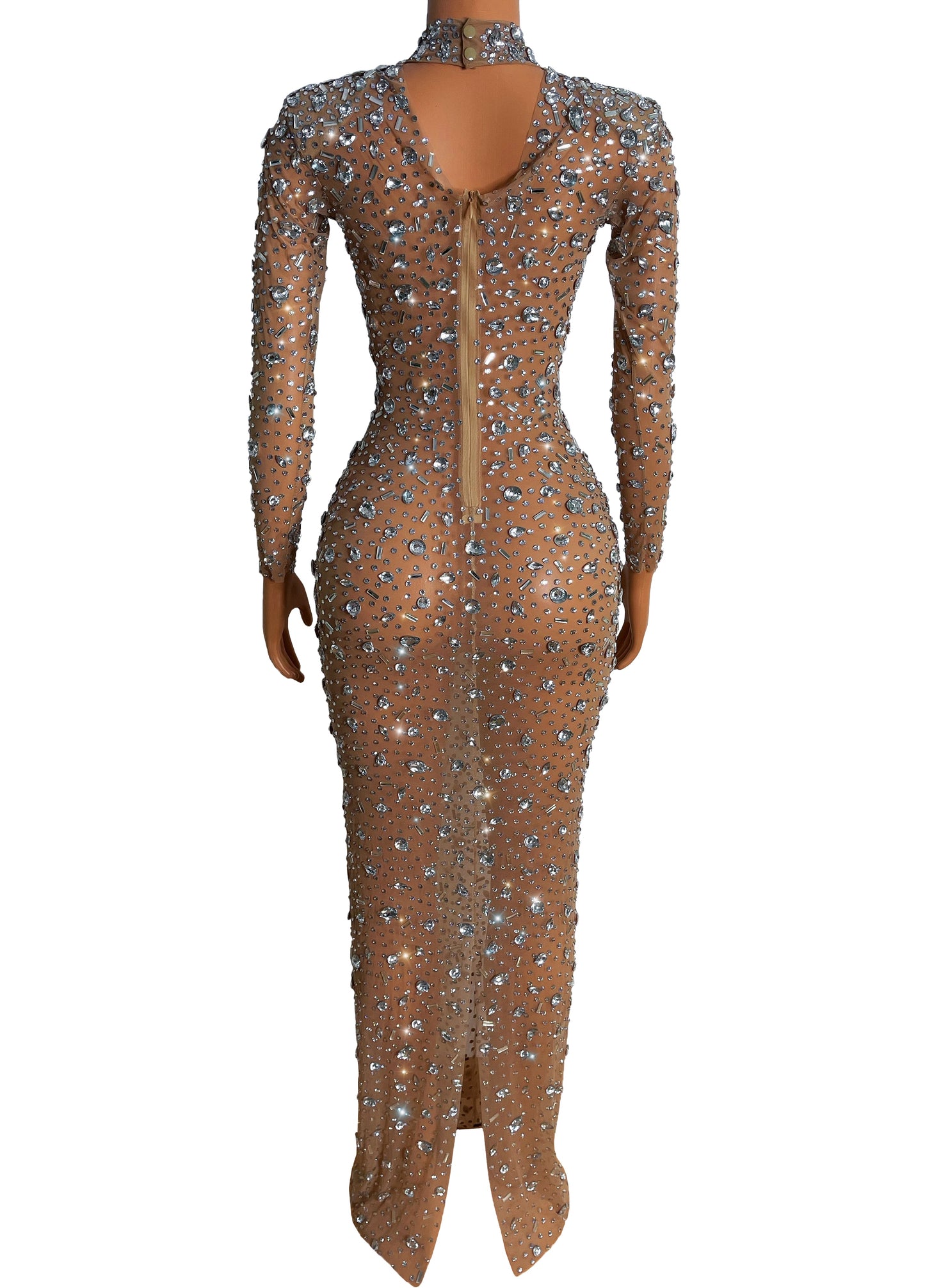 Flashing Silver Crystals Stones Sexy Transparent Long Dress Evening Birthday Celebrate Mesh Stretch Dance Long Sleeves Dress
