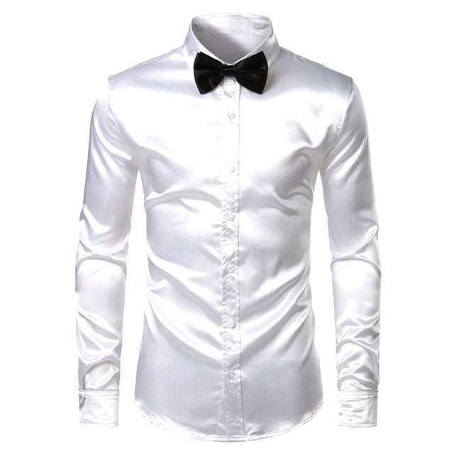 2pcs Silver Silk Shirt+Tie Mens Satin Smooth Tuxedo Shirts