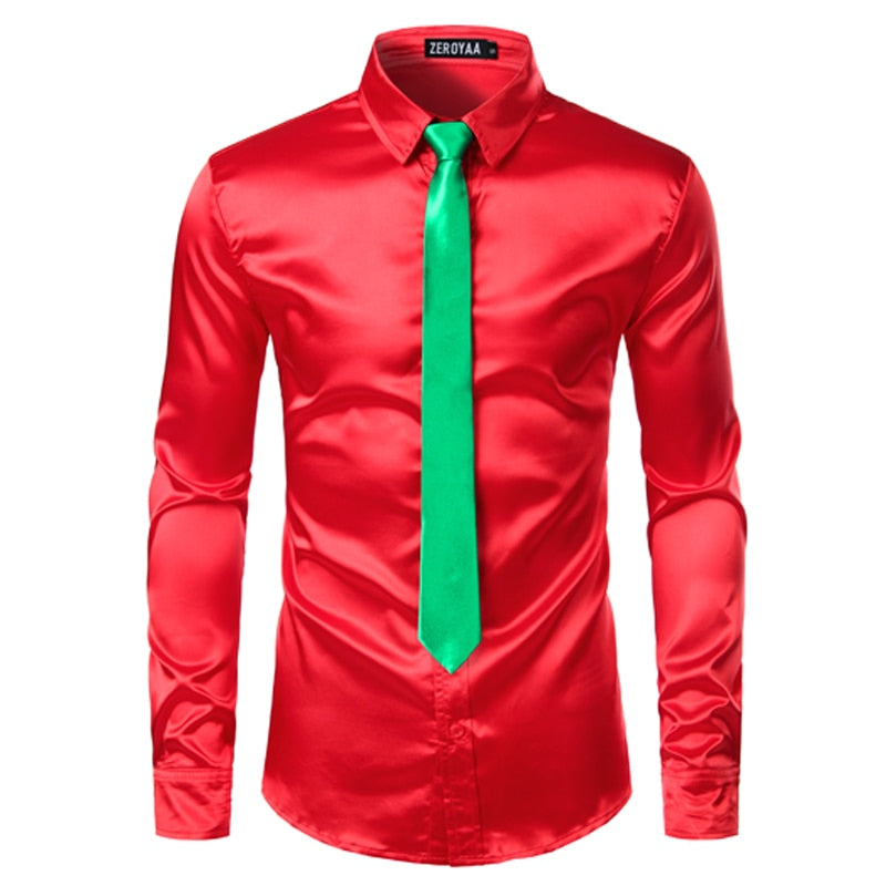 2pcs Silver Silk Shirt+Tie Mens Satin Smooth Tuxedo Shirts