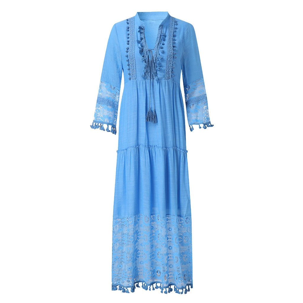 New Bohemian Women Lace Tassel Dress 2023 Summer Sexy V Neck Solid Short Sleeve Maxi Long Beach Party Dresses Oversized Vestidos