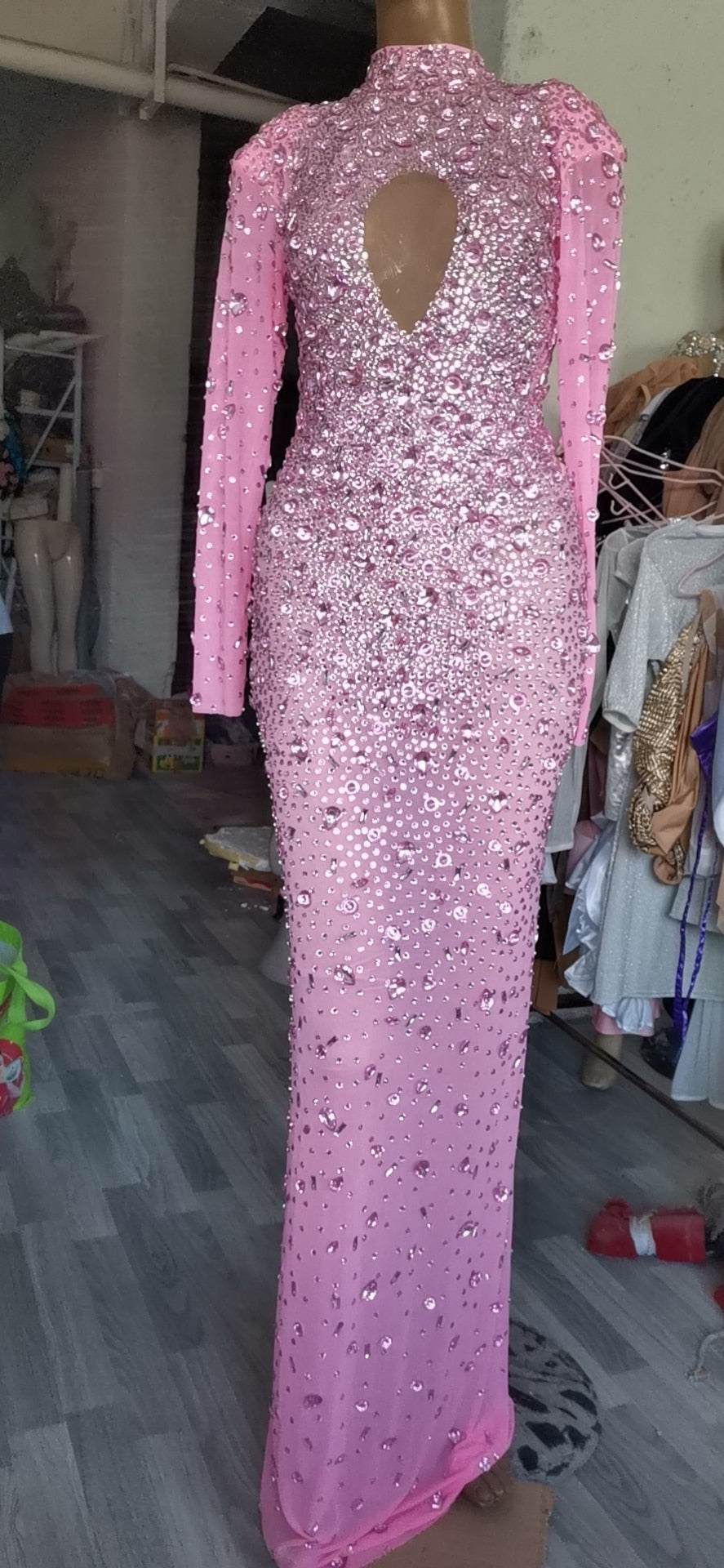 Flashing Silver Crystals Stones Sexy Transparent Long Dress Evening Birthday Celebrate Mesh Stretch Dance Long Sleeves Dress