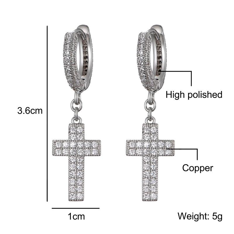Hip Hop Cubic Zirconia Bling Iced Out Cross Earring Copper Earrings for Men Women Rock Jewelry