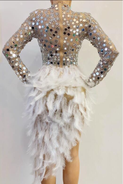 Sexy Sparkly Silver Sequins Feather Dress Women Birthday Celebrate Wedding Bar DS Latin Dresses