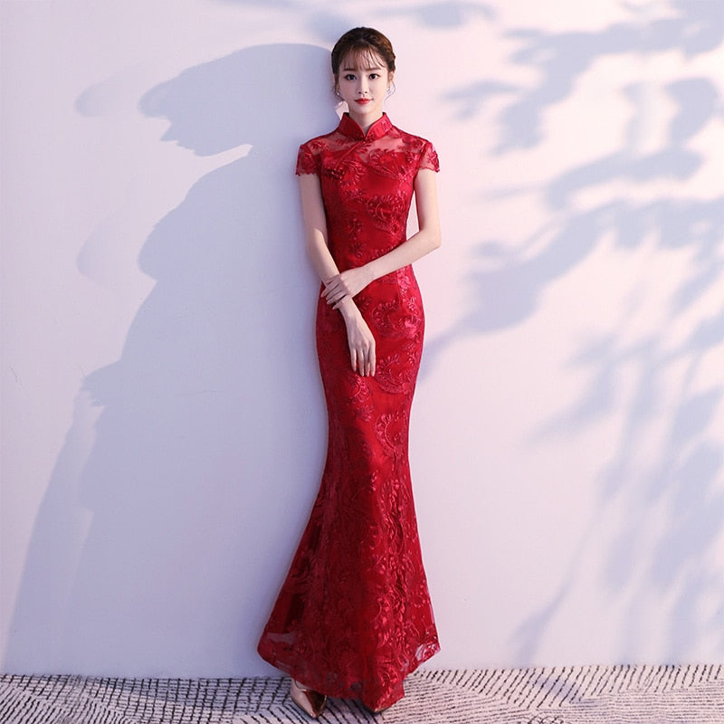 Lace Mermaid Chinese Style Lady Cheongsam Long Tight Elegant Dress Big Size 3XL Vestidso Vintage Red Bride Wedding Qipao S-203 Blue / XXXL
