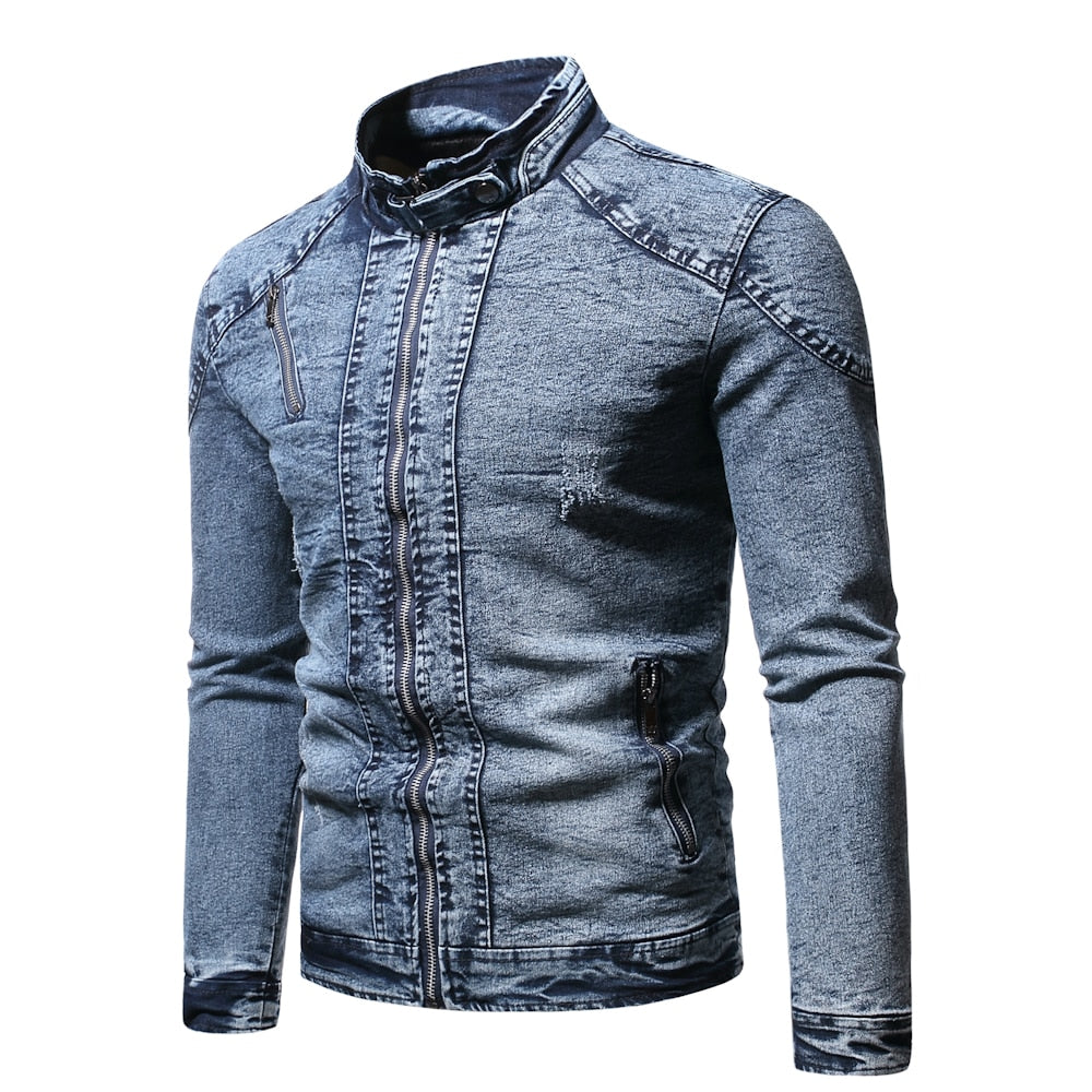 Denim Jacket Men Moto Biker Jean Jacket Autumn Winter Fashion Solid Plus Velvet Stand Collar Mens Denim Jacket Casual Coat Men