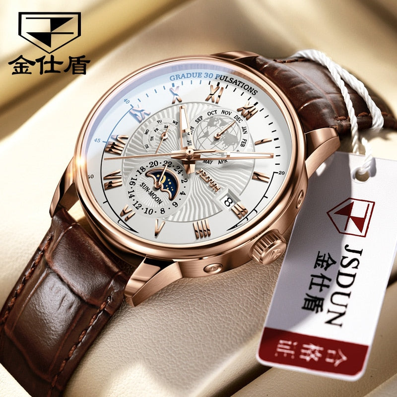 JSDUN Men's Mechanical Watch Luminous Leather Strap Waterproof Man Watch Top Brand Luxury Business Watch For Men Moonswatch 8909