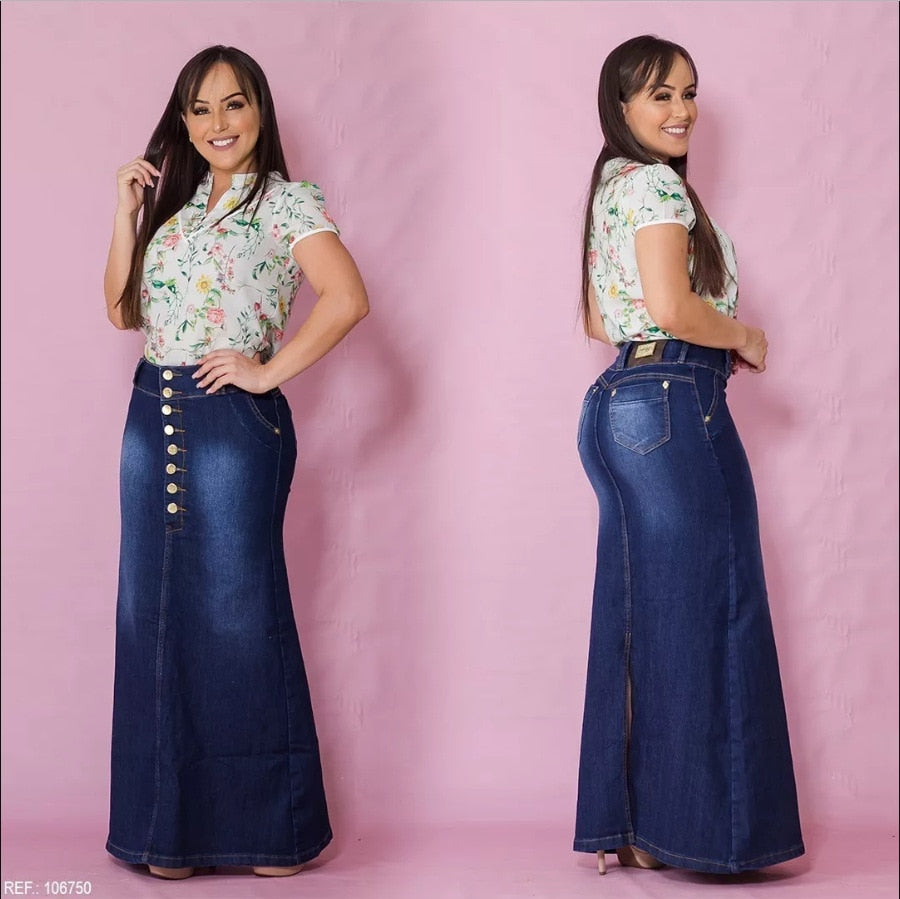 Denim Skirts Women Casual Front Button A-Line Long Jean Vintage Long Skirt Summer Flare Denim Skirts
