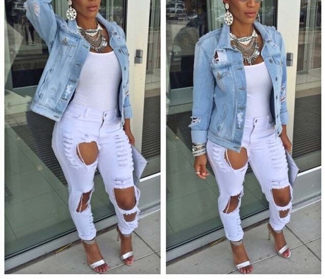 FNOCE autumn women's ripped denim jackets street fashion solid long sleeve hole hollow out slim Large Size Jeans Coat jackets