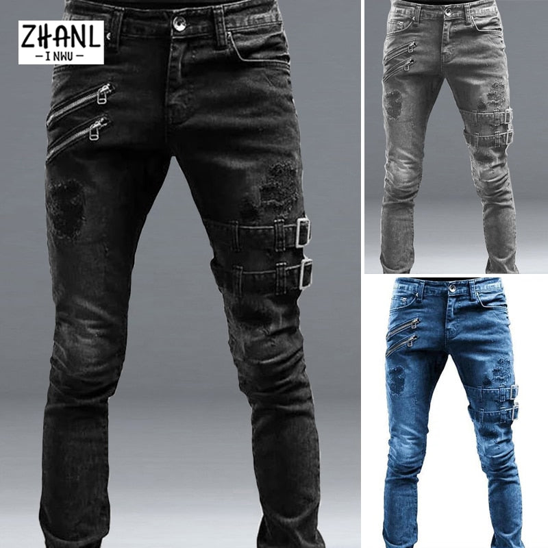Black Slim Straight Leg Jeans Man Pants Cacual Ripped Jeans Male Streetwear Youth Man Clothes
