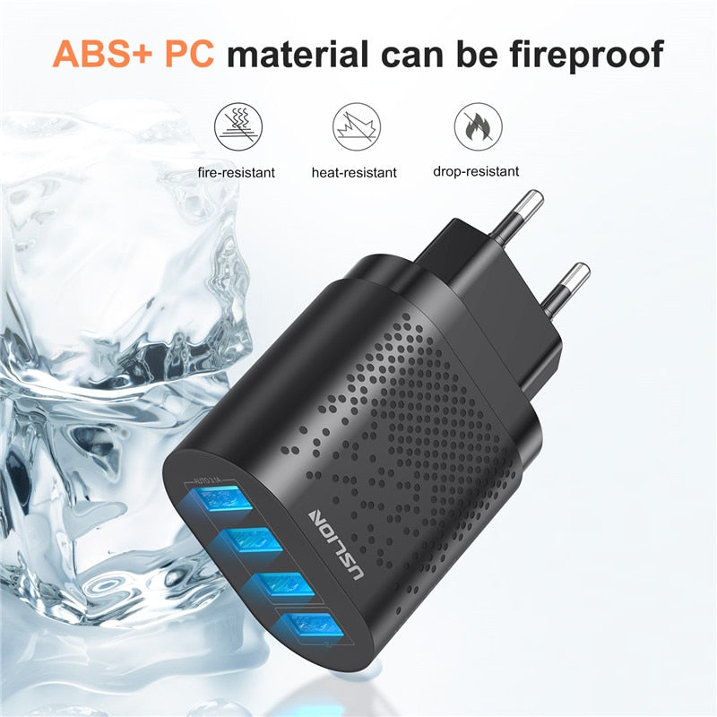 USLION EU/US Plug USB Charger 3A Quik Charge 3.0 Mobile Phone Charger For iPhone 11 Samsung Xiaomi 4 Port 48W Fast Wall Chargers