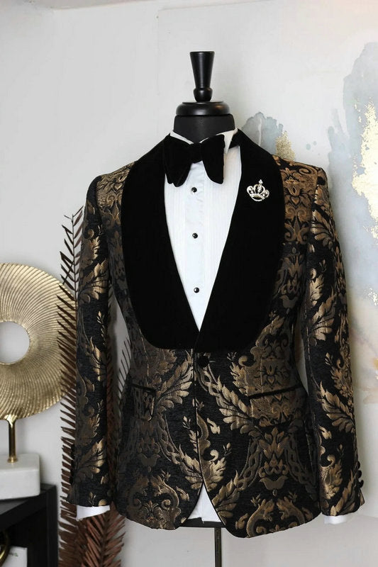 New Elegant 2022 Costume Homme Shawl Lapel Black Jacquard Dinner Party Groom Wear Men Wedding Suits For Men Prom Tuxedo Blazer