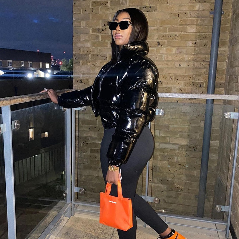 Sexy Women Winter Down Coat Casual PU Leather Long Sleeve Stand Collar Parka Thick