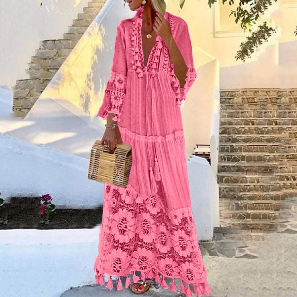 New Bohemian Women Lace Tassel Dress 2023 Summer Sexy V Neck Solid Short Sleeve Maxi Long Beach Party Dresses Oversized Vestidos