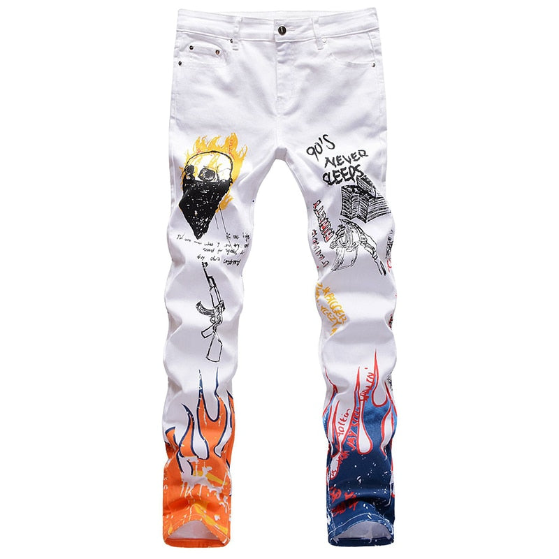 Sokotoo Men's fashion letters flame black printed jeans Slim straight colored painted stretch pants