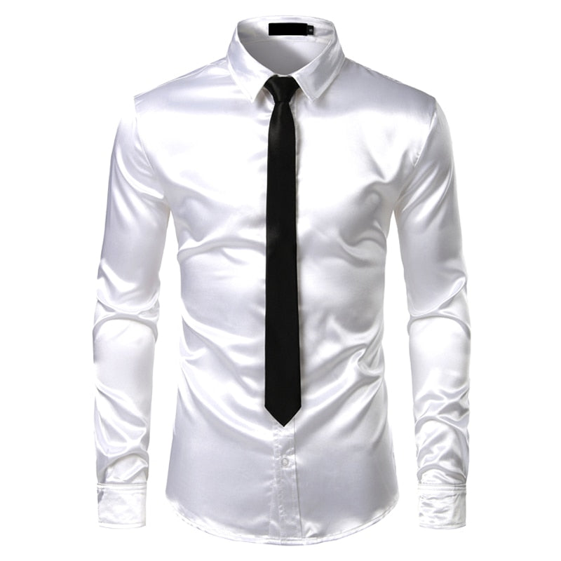 2pcs Silver Silk Shirt+Tie Mens Satin Smooth Tuxedo Shirts