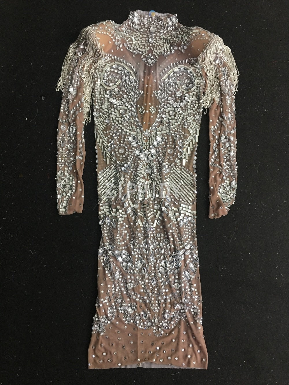 Sparkly Silver Rhinestones Fringe Transparent Dress Women's Birthday Celebrate Mesh Outfit Bar Women Dancer Dress