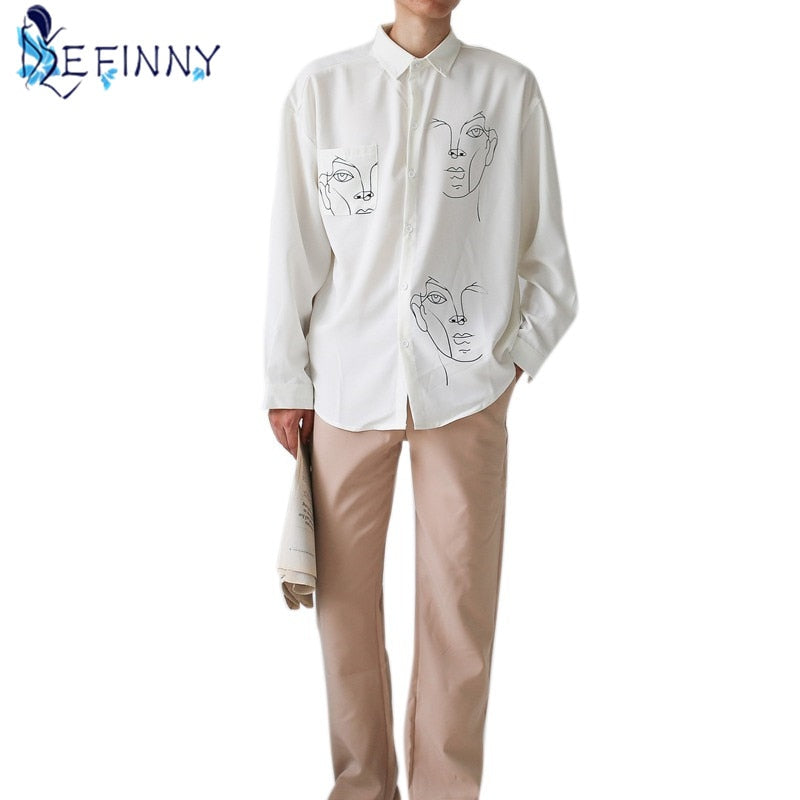 2021 New Summer Blouse Shirt Female Cotton Face Printing Full Sleeve Long Shirts Women Tops Ladies Clothing