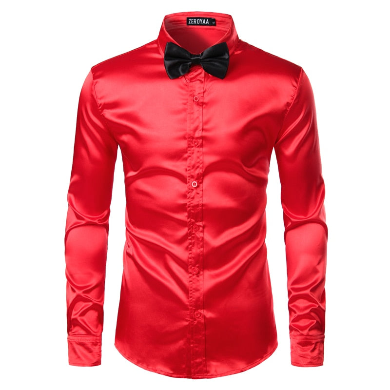 2pcs Silver Silk Shirt+Tie Mens Satin Smooth Tuxedo Shirts